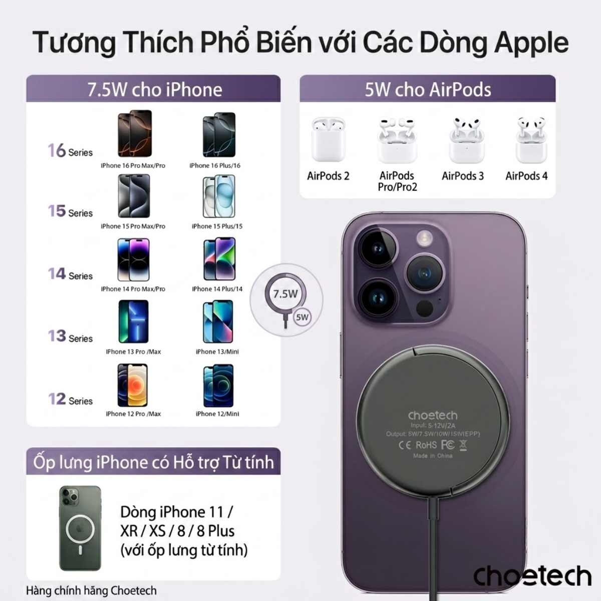Đế sạc không dây từ tính Choetech T697-F kèm giá đỡ công suất 15w (Hàng chính hãng)
