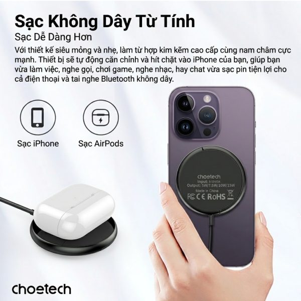 Đế sạc không dây từ tính Choetech T697-F kèm giá đỡ công suất 15w (Hàng chính hãng)