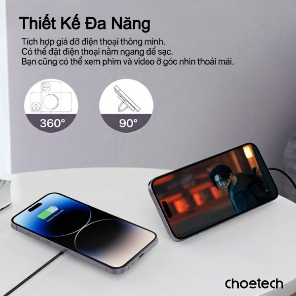 Đế sạc không dây từ tính Choetech T697-F kèm giá đỡ công suất 15w (Hàng chính hãng)