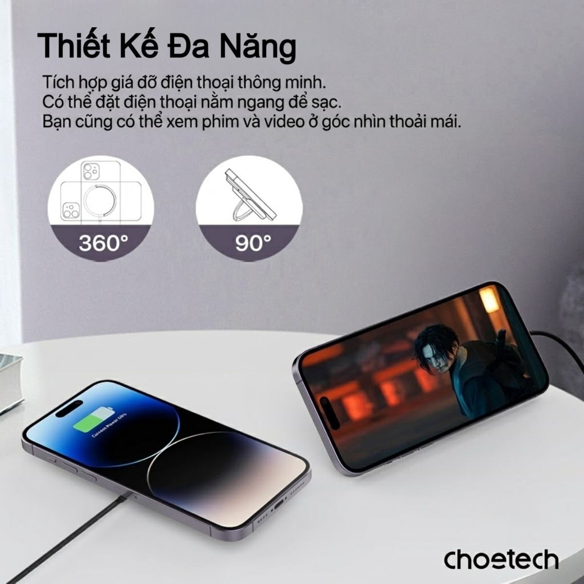Đế sạc không dây từ tính Choetech T697-F kèm giá đỡ công suất 15w (Hàng chính hãng)