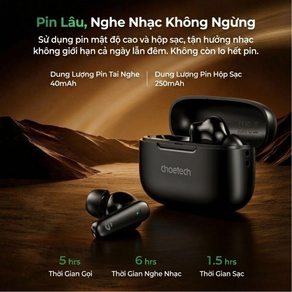 Tai nghe Bluetooth True Wireless Choetech BH-T86 Bluetooth 5.3, 4 Micro ENC, Âm Thanh HiFi (Hàng chính hãng)