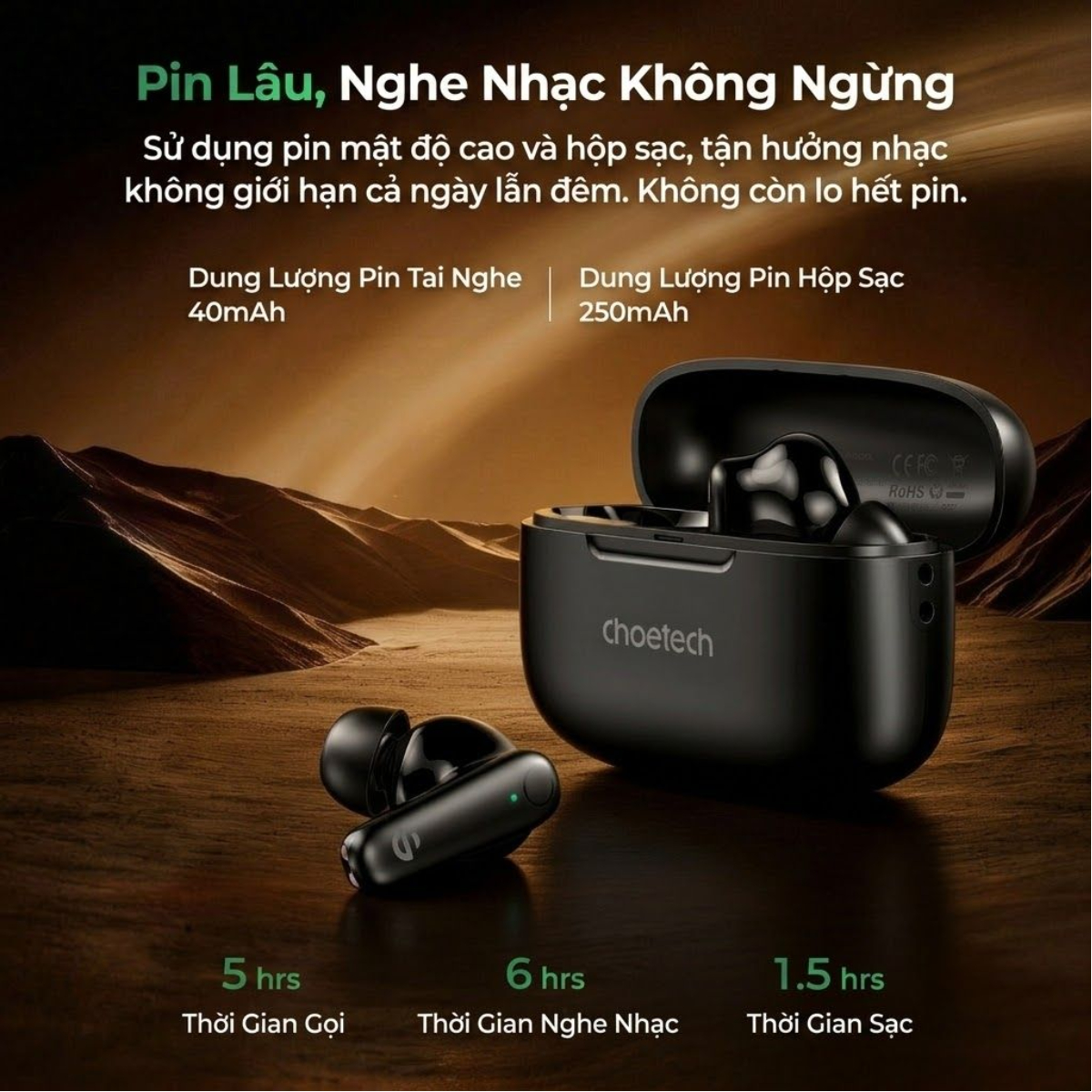 Tai nghe Bluetooth True Wireless Choetech BH-T86 Bluetooth 5.3, 4 Micro ENC, Âm Thanh HiFi (Hàng chính hãng)