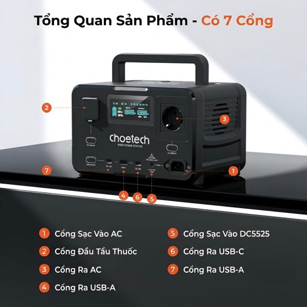 Trạm Điện Di Động Choetech BS007 400W Hỗ Trợ UPS Và Sạc Năng Lượng Mặt Trời (Hàng Chính Hãng)